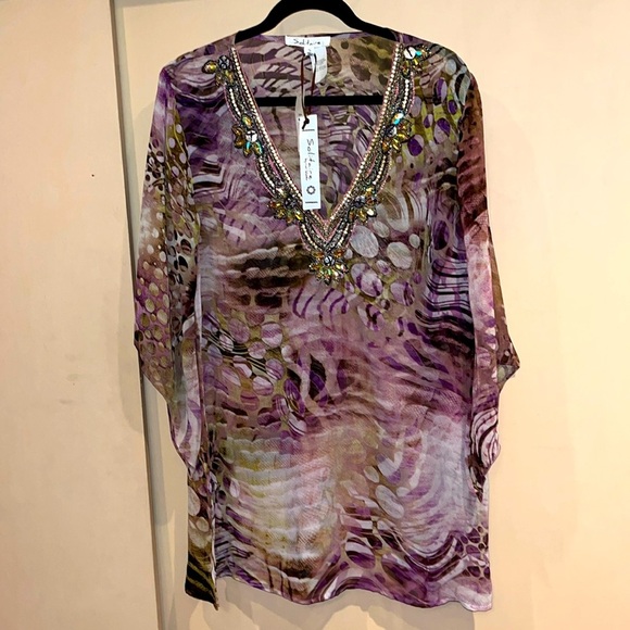 Solitaire by Ravi Khosla NWT sequined tunic styled cover up sheer blouse size S - Picture 1 of 13